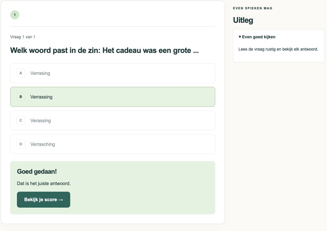Een oefenvraag met antwoordkeuzes, feedback en uitleg bij een goed antwoord