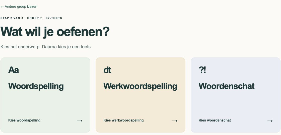 De drie onderwerpkeuzes: woordspelling, werkwoordspelling en woordenschat voor groep 7